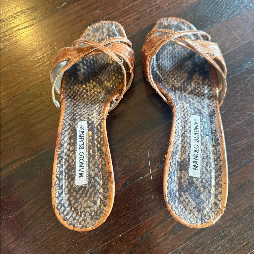 Manolo Blahnik Tan Snakeskin Kitten Heel Sandal - Picture 3 of 4